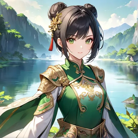 top quality, (1girl),  The starcolor of Dynasty Warriors 8 , Warrior,  Chinese-style female character ,  looking at camera,  Calm and sharp eyesight ,  The bangs flow diagonally ,  that is about the length of the neck A ,  The background is a green environ...