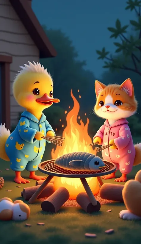 1.  A cute duckling whose mouth is wide in orange color wears a blue pajama suit with cute duck, 2.  A cute kitten in orange color with white front wearing pink pajamas with the inscription kity , create a scene of ducks and cats facing each other holding ...