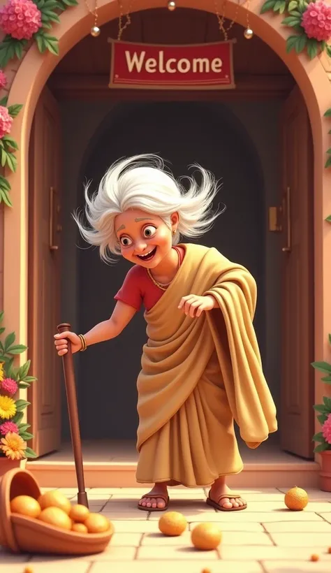 
Image Idea:
A funny and lighthearted scene showing an elderly grandmother wearing a skin-colored saree, her hair open and flowing, as she is in the middle of a dramatic fall near a beautifully decorated doorway. Her wooden cane is slipping out of her hand...