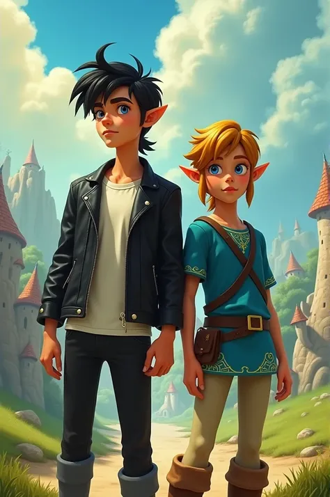 Pixar-style poster of a 22-year-old boy with white skin, black hair and mushroom cut ,  with a black leather jacket,  a white t-shirt and black pants standing side by side of the character Link man in his green suit from the game Zelda 