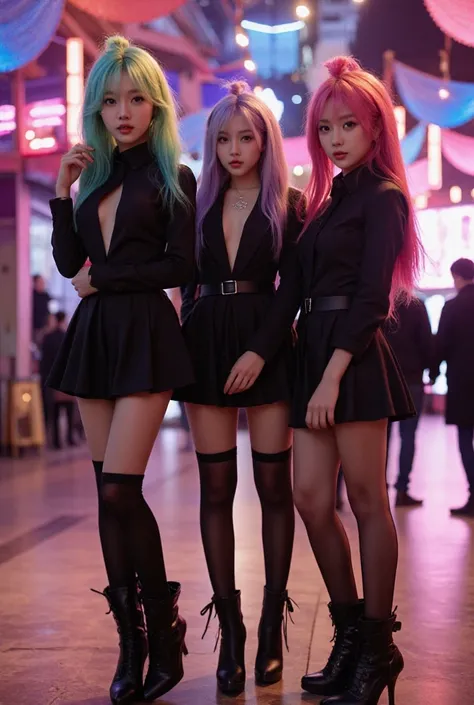  top quality, 4K, masterpiece,  Rainbow Color Hair, Korean girls,  heels ,  Black Stockings, Mini skirt, Hooked up