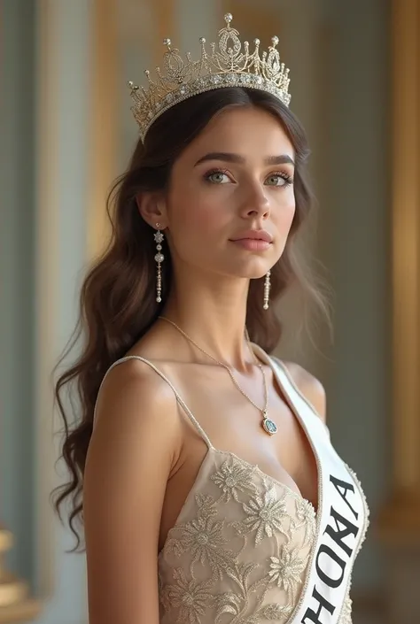  Creates the image of a very beautiful girl, Let it be seen from Russia , with a dress, very beautiful crown and jewelry .  Light-eyed and very white skin ,  with a crossed ribbon that says  "Miss" participando en un Miss universo 