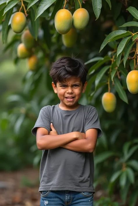 Photo of a ten-year-old white-skinned Venezuelan boy wearing denim shorts and gray t-shirt screaming with an annoyed face in the background of a mango tree 