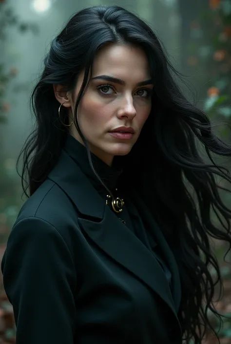 A very attractive black-haired woman with black eyes, about 37 years old, inspired by the Scamander family from the universe of fantastic beasts and where to find them.