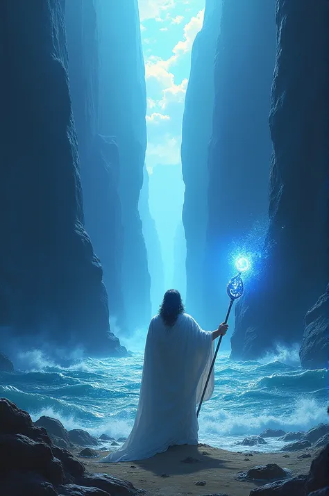 Moses opening the Red Sea Yam Suf in two parts with a transparent sapphire staff 