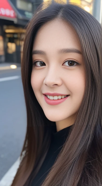 ((Best quality, 8k, Masterpiece :1.3)), 1girl, smiling, full body, slim face, Pretty woman, (Dark brown hair), full length dress :1.1, Ultra-detailed face, Detailed eyes, Double eyelid, blur background, slim face, city, outside, street,