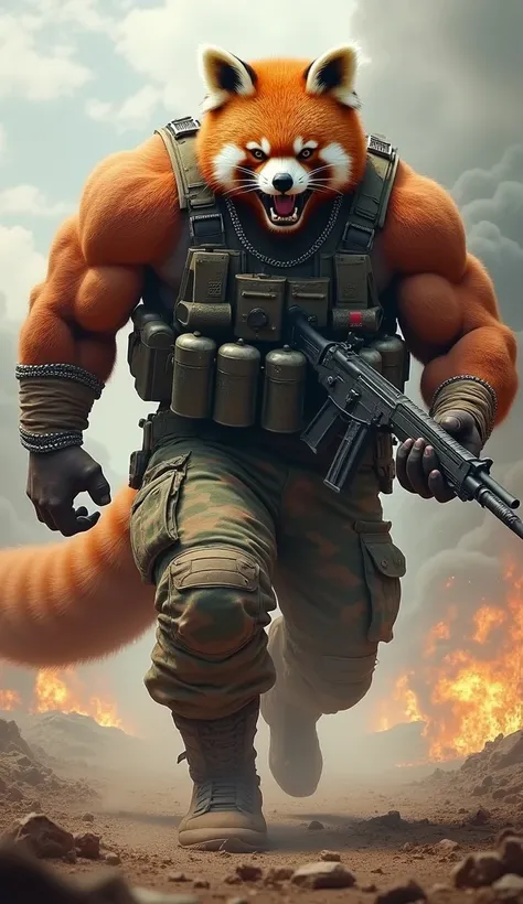 Imagine a massive, terrifying hybrid of a red panda and an army soldier, charging forward in full aggression. This creature’s animal skin-covered muscular body towers over normal soldiers, with its red panda face warped into a monstrous, snarling expressio...