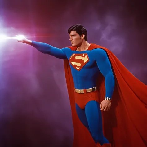 cinematic film still of Christopher Reeve, Kal-El, Kryptonian, Man of Steel, Superman a 1970s man in a red cape unleashing massive blasts of red "heat vision" through the eyes, in focused beams of heat ,solo,black hair,1boy,upper body,male focus,cape,faci...