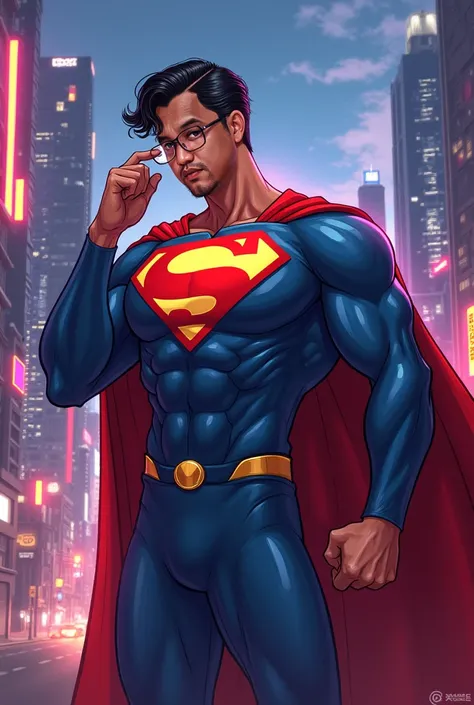 An asia superman with classic superman suit, wearing glasses, very short curly hair