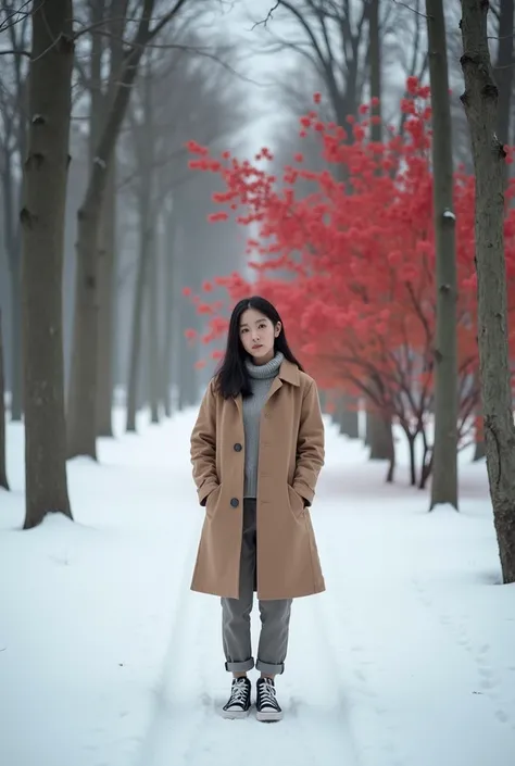  Beautiful Korean woman in her 40s ,  Wearing a light brown coat and casual pants,  winter landscape with trees in the background ,  mountain ash tree with red berries (About 5 mm in diameter ) --ar 4:3 --style raw --v 6.1 --stylize 200 --personalize qmglm...