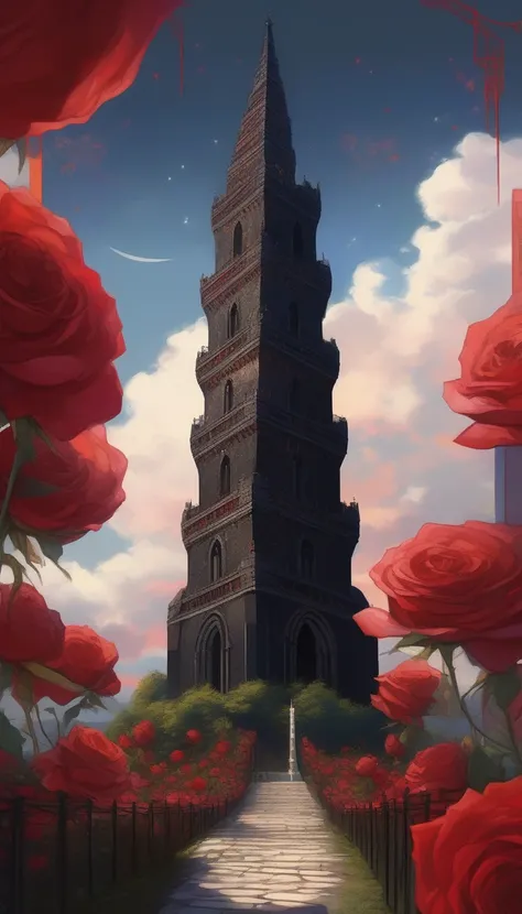 Realistic scenery, a black tower taller than edge of image, ((made of obsidian blocks)), Gothic architecture, roman arches, flying buttresses, red glass mosaic windows, the sky is an amber-red, ring of clouds around tower, the road to the tower is modern t...