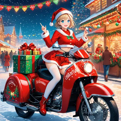 (masterpiece, high quality, ultra-detailed, vibrant colors, cinematic lighting), cute and cheerful young girl dressed as Santa, with youthful and slightly ish face, big expressive turquoise eyes, and short blonde bob hairstyle. She is wearing a Santa outfi...