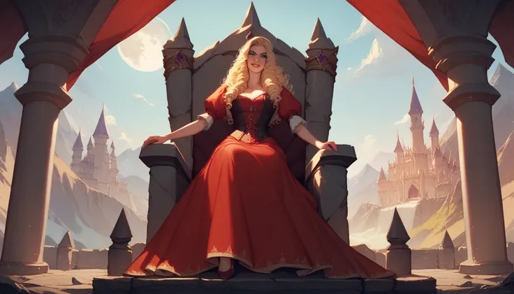  sit on the throne,A seductive female vampire, bright red dress standing on a rocky mountain.Blonde curly hair,Medieval palace,Full moon night