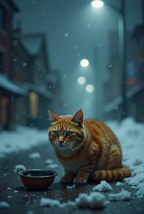  One day with heavy snow ，Over and over again ，A cunning cat is crouching on the ground ,  shivering in the faint light of a few street lights.  The scene is quiet and desolate . The cat is crying , Its orange , This place is very wet , It snows a lot ， It...