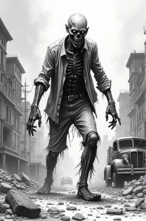 Make me a comic , type image to draw in pencil of a zombie similar to the one in Road of the Dead 