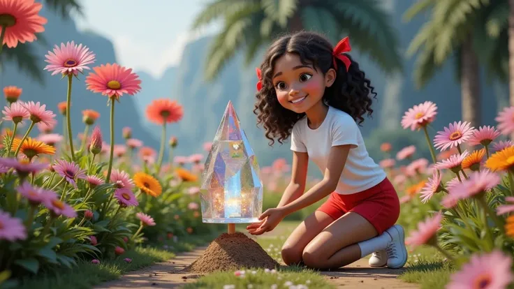 Alice kneels in the field of flowers with a tranquil smile, planting magical seeds that quickly grow into crystal trees. Her eyes reflect the glow of the surrounding flowers.
Style: Inspired by films, characters, and promotional 3D posters in the Disney-Pi...