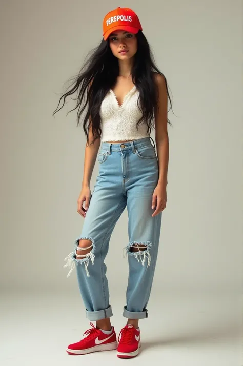 Real photo of a beautiful 20-year-old girl with long black hair. The girl is standing and wearing a white knitted dress, a red tennis cap with the word Persepolis written on it, ice blue jeans, and red Nike shoes on her feet.