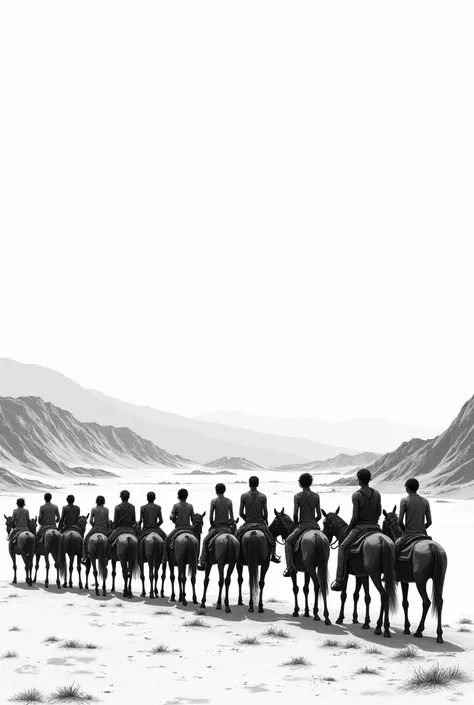 black and white drawing of 11 Indigenous teenage men on young horses in a straight horizontal line. They are all looking towards a vast dirt land with their horses turned to the right. Some hills in the background.  Whole Background