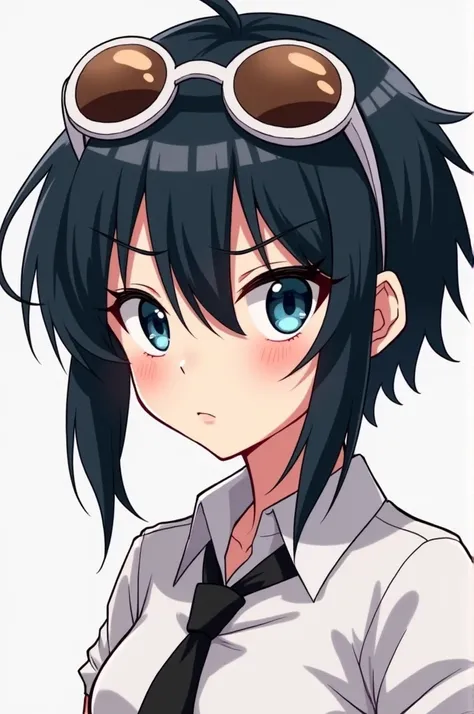 Anime tomboy girl looks like a handsome man with dark eyebrows, sharp eyes, short hair, long hair in front, black hair, blue eyes, wearing a white shirt, tied with a black tie, with round white sunglasses with brown lenses on her hair, smiling slyly.