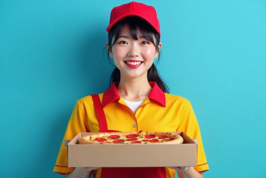 Hyper-realistic portrait photography of a pretty japanese woman in her 20s with a ponytail hairstyle, big breast, curved body, wearing a detailed pizza delivery employee uniform red and yellow theme and matching hat. She is holding a box of pizza with pict...