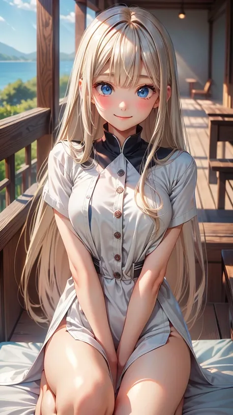 master piece , best quality , (matured female) , (wariza) , hand between legs , shy smile , 白い歯を見せて笑う, full body, Shiny platinum blonde silk super long straight hair, beautiful shiny bangs, big clear sky blue eyes, very beautiful bright eye highlights, Emb...