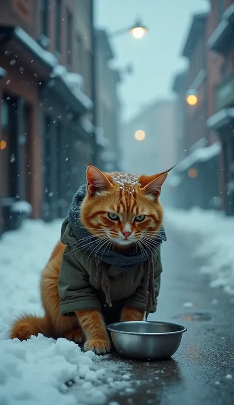  One day with heavy snow ，Over and over again ， a crying cat is squatting on the ground,Its wearing unruly clothes ，  shivering in the faint light of a few street lights.  The scene is quiet and desolate . The cat is crying , Its orange , This place is ver...