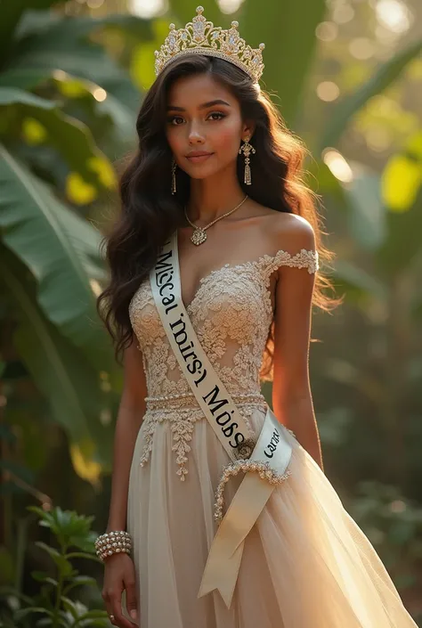  Creates the image of a very beautiful girl, Let it be seen from Madagascar, with a dress, very beautiful crown and jewelry .  with a crossed ribbon that says  "Miss" participando en un Miss universo 