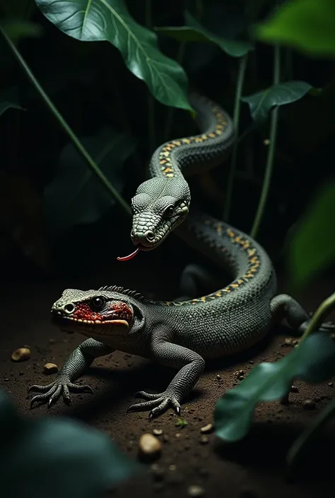 "A cobra coils menacingly over a wounded monitor lizard in a dark, dense jungle setting. The lizards body is marked with injuries, its scales scratched and bloodied amidst the foliage and shadows. The cobra, with its hood flared and scales glistening, focu...