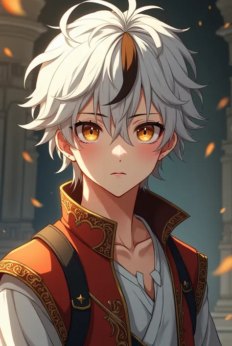  Teenage male of 16 in anime form with the description, white hair with brown tips and messy shape ,  honey-colored eyes , white complexion and scrawny build . with medieval clothes 