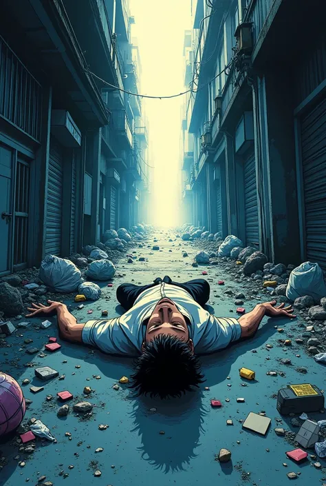 texturas,calligraphic line art  , a man lying on the floor of an alley surrounded by garbage with his eyes closed and his entire body levitating slightly as a strange light surrounds him, ink color style  ,anime, intricate details ,  sharp focus,  high res...