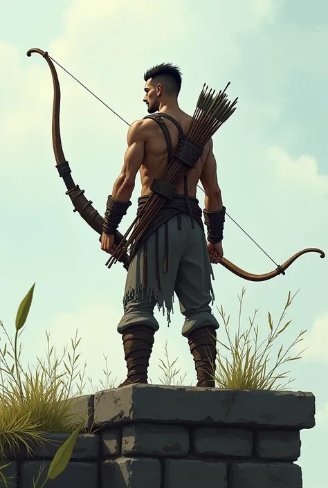  Thin man with hair shaved on the sides carries a quiver with arrows on his back and a bow in his hand. He is standing on a wall you can see from the front as he looks into the distance.