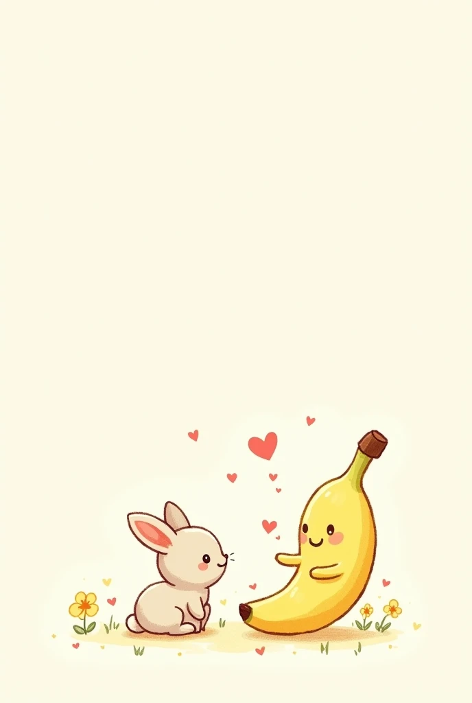  drawing of a cute and adorable bunny,  small , on the side,  a happy and adorable animated banana , May everything be adorable ,  as if it were for ren , That it has hearts around it, That your drawing style is delicate, Yes but more delicate , With littl...