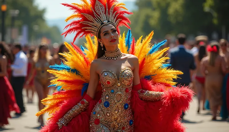 Design me a full body dress for the queen of the Barranquilla carnival with lots of feathers and sequins in bright colors, bold colors 