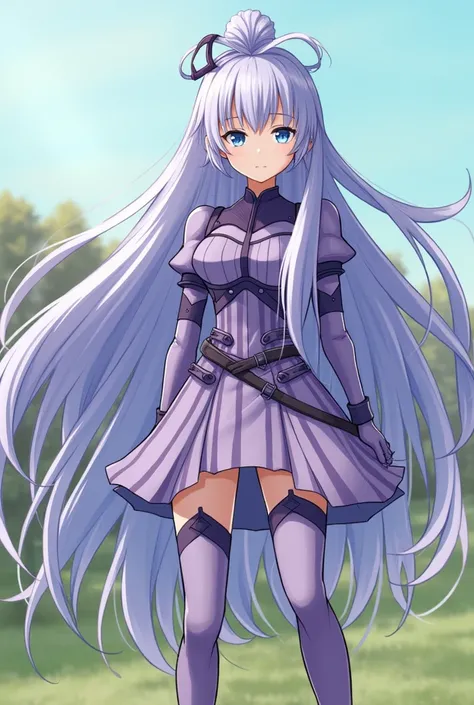 eucliwood hellscythe, long hair, blue eyes, very long hair, ribbon, hair ribbon,,,,masterpiece,best quality,highres,ultra-detailed,aaeucliwood,long hair,visor (armor),hair ribbon,armored dress,purple dress,armor,long sleeves,puffy sleeves,striped,breastpla...