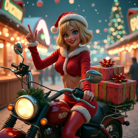 (masterpiece, high quality, ultra-detailed, vibrant colors, cinematic lighting), cute and cheerful young girl dressed as Santa, with youthful and slightly ish face, big expressive turquoise eyes, and short blonde bob hairstyle. She is wearing a Santa outfi...