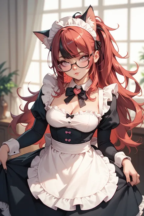 A nerdy Catgirl wearing glasses with pink eyes and long red hair with black highlights wearing a maid uniform