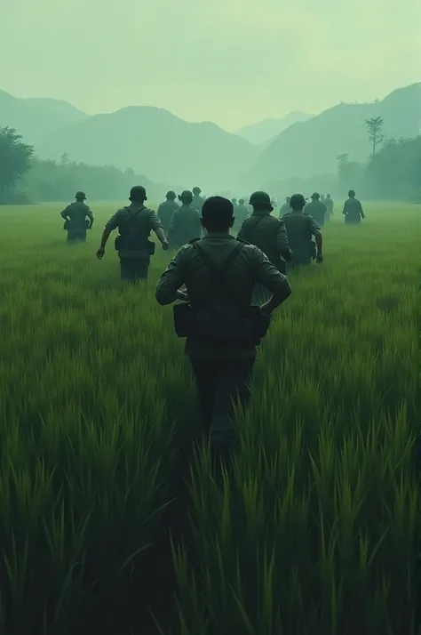 Group of  running in a rise field,  vietnam 1967, view from behind in a dark mood