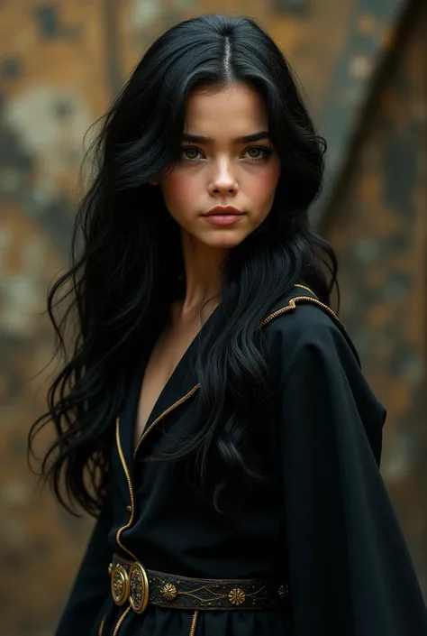 Blackhaired girl with long wavy hair and black iris eyes, about , very attractive tanned skin dressed in the Hufflepuff uniform inspired by the Scamander family from the universe of fantastic beasts and where to find them