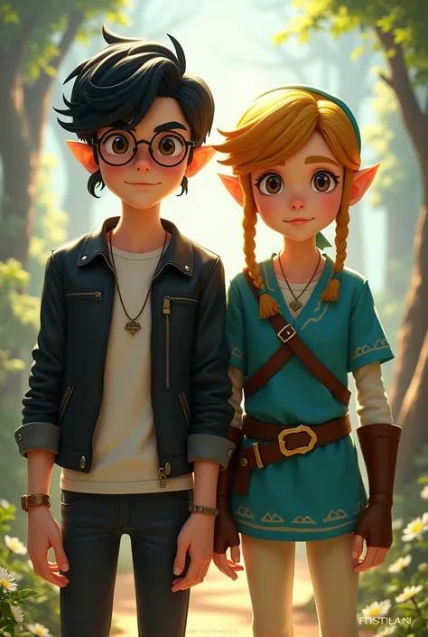 Pixar-style poster of a 22-year-old boy with white skin,  brown eyes, black hair and mushroom cut , wearing round glasses,  with a black leather jacket, a white t-shirt and black pants standing side by side of the male character Link in his green suit from...