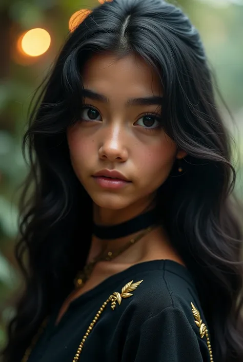 Blackhaired girl with long wavy hair and black iris eyes, about , very attractive tanned skin dressed in the Hufflepuff uniform inspired by the Scamander family from the universe of fantastic beasts and where to find them