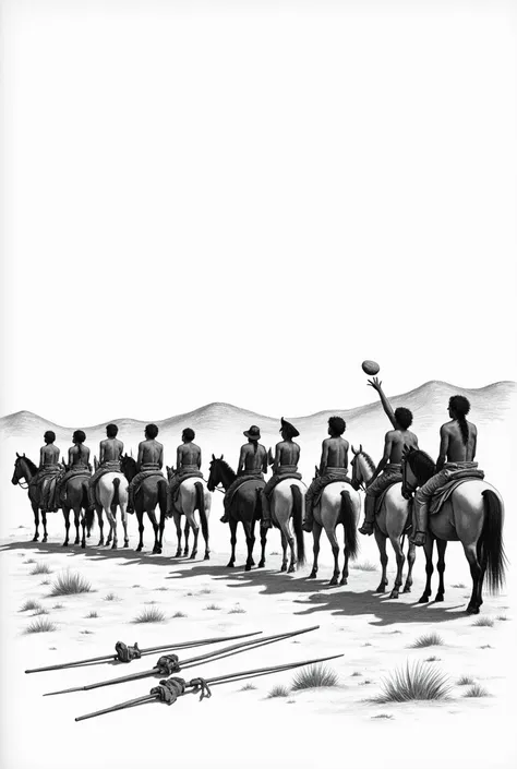 black and white drawing of 11 Indigenous teenage men on young horses, and one indigenous man all in a straight horizontal line. The indigenous man threw a rock in the air. They are all looking towards a vast dirt land with their horses turned to the right....