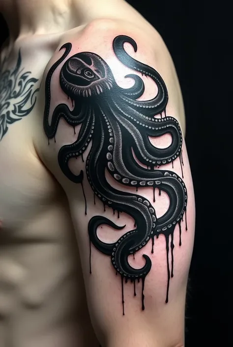 Create a black and white tattoo of a Kraken as if it were made of fountain pen ink dripping to tattoo it on the shoulder