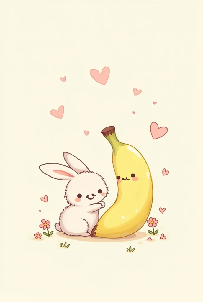  drawing of a cute and adorable bunny,  small , on the side,  a happy and adorable animated banana , May everything be adorable ,  as if it were for ren , That it has hearts around it, That your drawing style is delicate, Yes but more delicate , With littl...