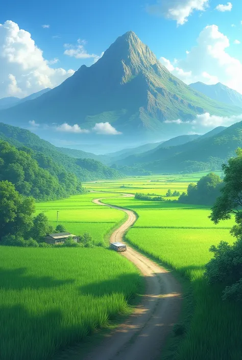 The village road on the left right there is a green rice field and in front there is a mountain with a very beautiful realistic view 