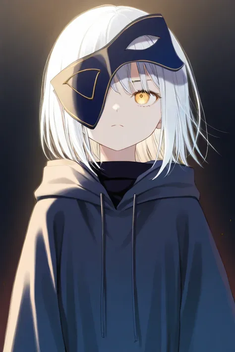 1,girl, young girl (), sublime, serious look looking straight ahead, long white hair, half a mask covers her face, she wears a hood on her head, we can see the handle of a katana coming out of her back,