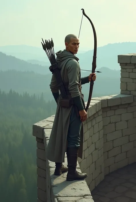 very thin man, with shaved hair on the sides and brown eyes, gray clothes ,  carries a quiver with arrows on his back and a bow in his hand. He stands on a wall .