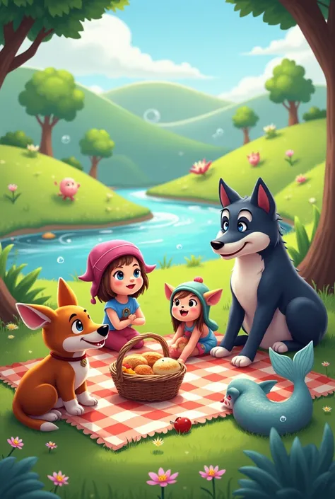 A female dog, female gnome, male wolf and mermaid having a picnic, cartoon