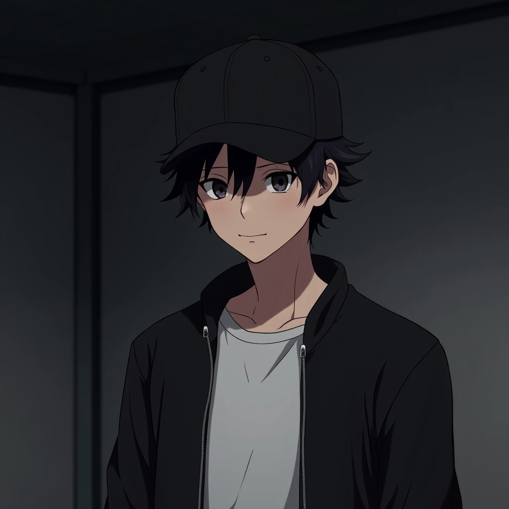 A young adult anime male with a friendly expression and an oval face, wearing a black baseball cap that shades his eyes. He has short black hair barely visible under the cap. The character wears a black zipper jacket over a white T-shirt. The setting is a ...