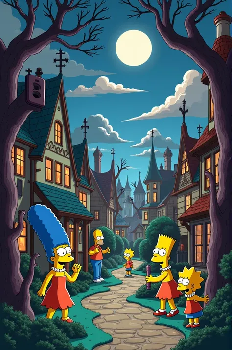 Generate a multiverse with the original Tim Burton characters with the Simpsons characters 