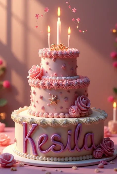 " An image of a grand birthday celebration ,  with a huge cake decorated with elegant details .  The cake is in the center ,  with the name Késsila written in a large font , beautiful and textured , with elegant curves.  The name is superimposed on the cak...